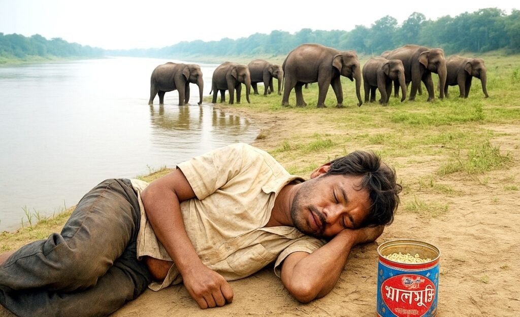 हात्ती झुण्डअघि नै कुम्भकर्ण निन्द्रामा युवक